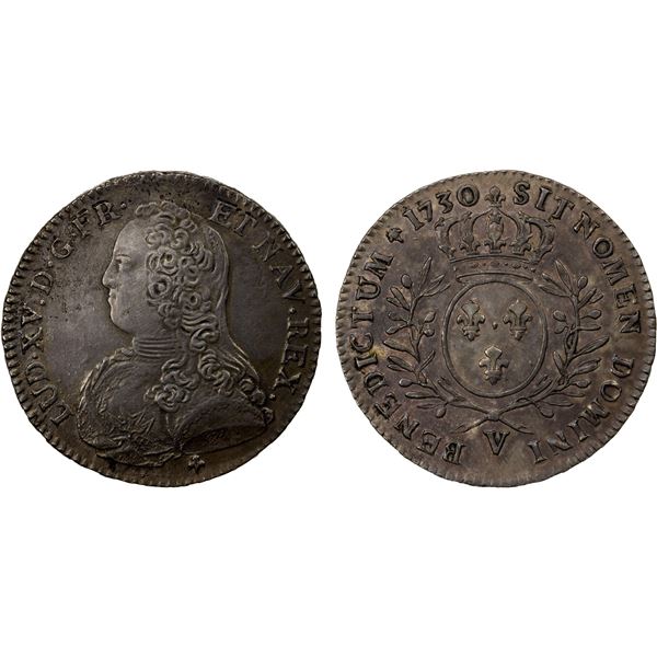 FRANCE: Louis XV, 1715-1774, AR 1/2 ecu, 1730-V, EF to AU