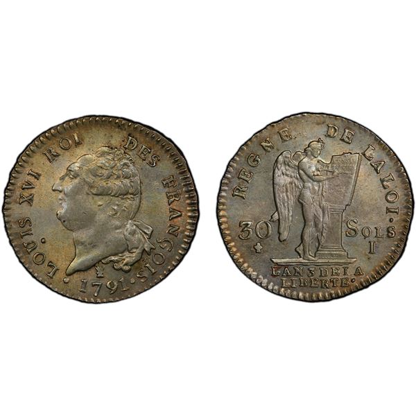 FRANCE: Louis XVI, 1774-1790, AR 30 sols, Limoges, 1791-I, PCGS graded MS61