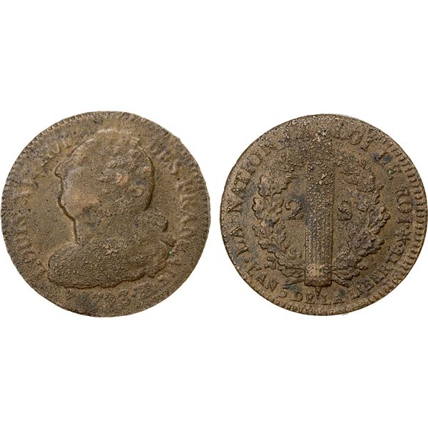 FRANCE: Louis XVI, 1774-1790, AE 2 sols, 1793/L'AN 5-BB, EF