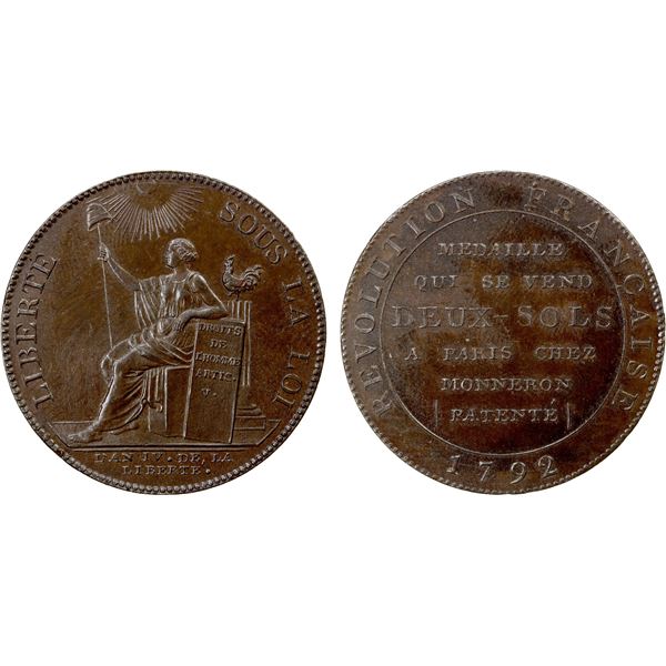 FRANCE: Monneron Freres, AE token 2 sols, 1792, Choice Unc