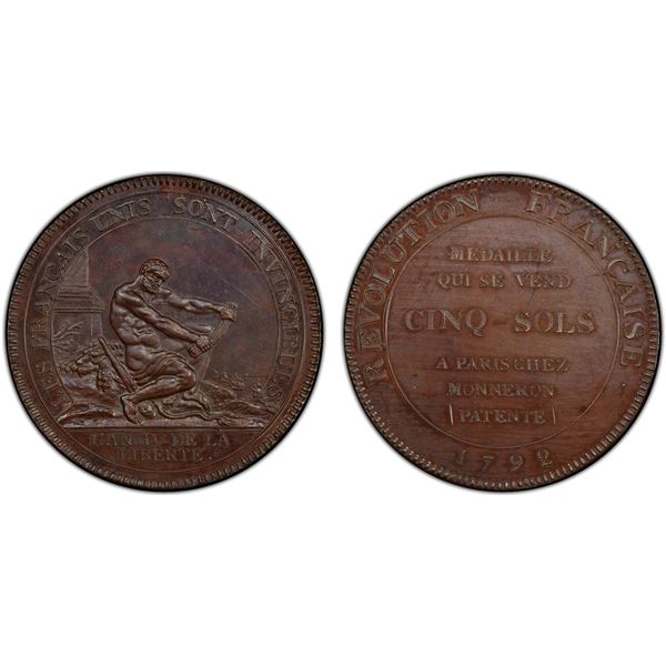 FRANCE: French Revolution, AE medallic 5 sols, 1792, PCGS graded Specimen 64 BN