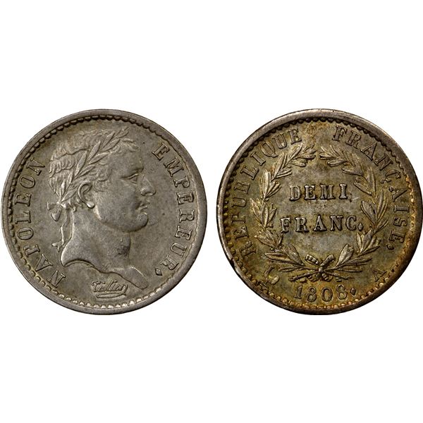 FRANCE: Napoleon I, as Emperor, 1804-1814, AR 1/2 franc, 1808-A, AU