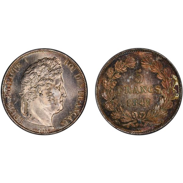 FRANCE: Louis Philippe, 1830-1848, AR 5 francs, 1847-A, PCGS graded MS62