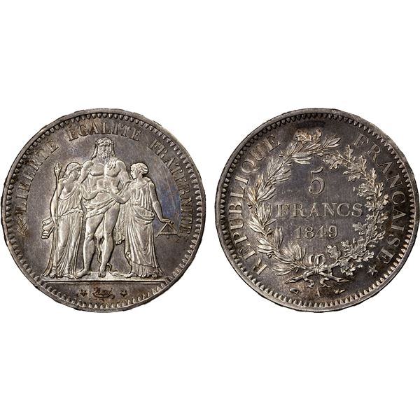 FRANCE: Second Republic, AR 5 francs, 1849-A, Unc