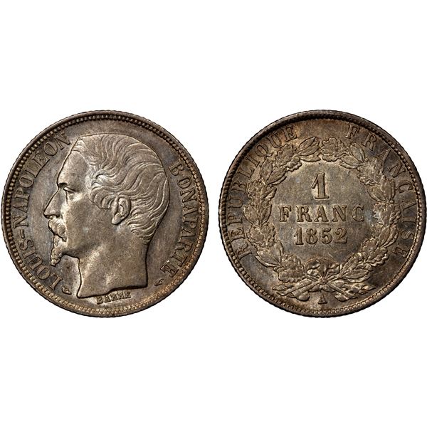 FRANCE: Second Republic, AR franc, 1852-A, Choice EF