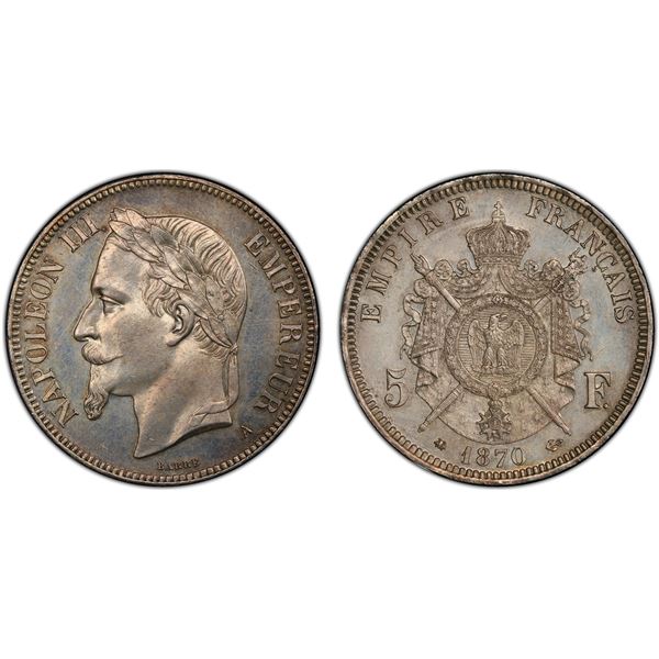 FRANCE: Napoleon III, 1852-1870, AR 5 francs, 1870-A, PCGS graded MS63