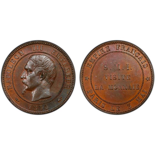 FRANCE: Napoléon III, 1852-1870, AE medallic 10 centimes, 1854, PCGS graded MS63 BN