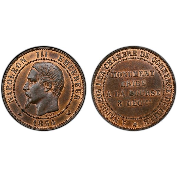 FRANCE: Napoléon III, 1852-1870, AE medallic 10 centimes, 1854, PCGS graded MS63 RB