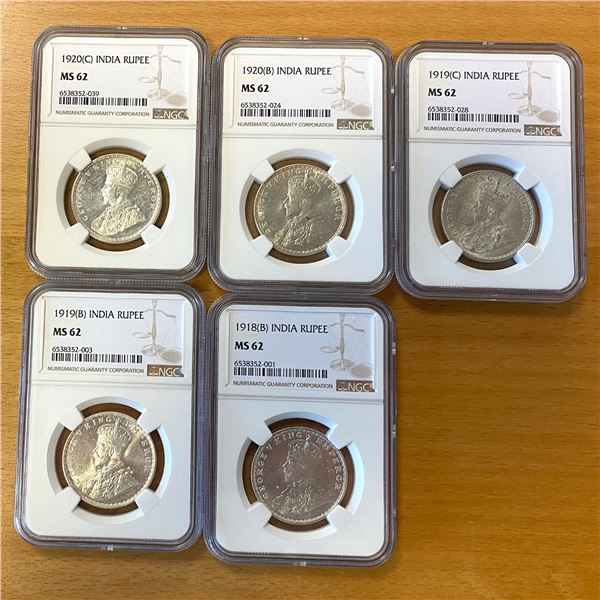 BRITISH INDIA: George V, 1910-1976, LOT of 5 encapsulated silver rupees
