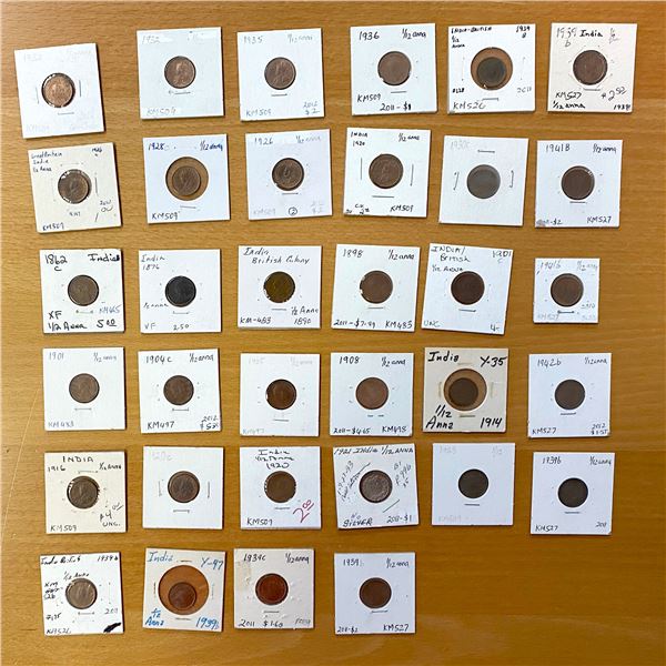 BRITISH INDIA: LOT of 33 copper 1/12 anna coins
