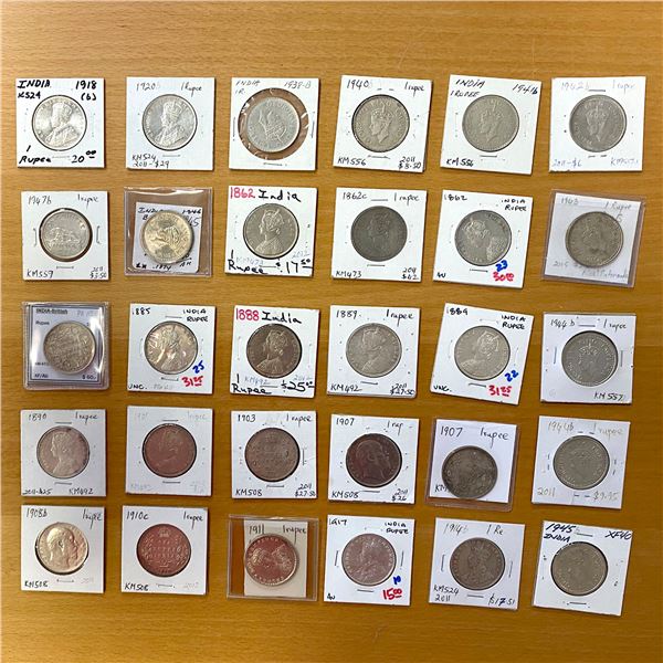 BRITISH INDIA: LOT of 30 rupees, silver unless noted