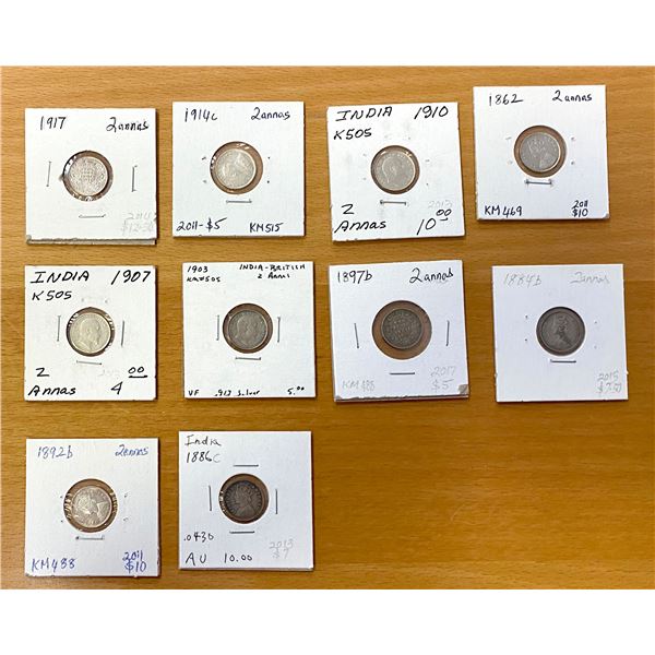 BRITISH INDIA: LOT of 11 silver 2 annas coins