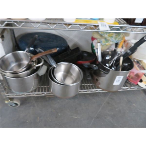 Shelf of Asst. Cooking Utensils, Saucepans & Fry Pans