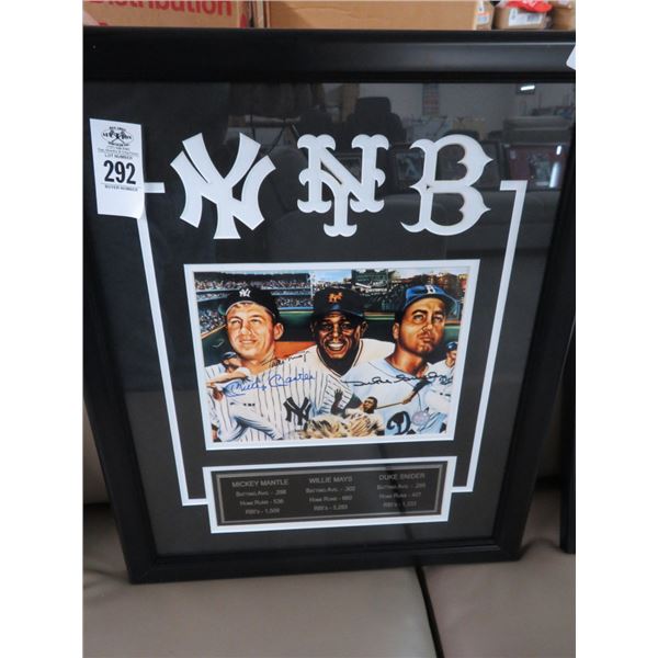 Framed Autographed Photo Mickey Mantle, Willie Mays, Duke Snyder w/COA