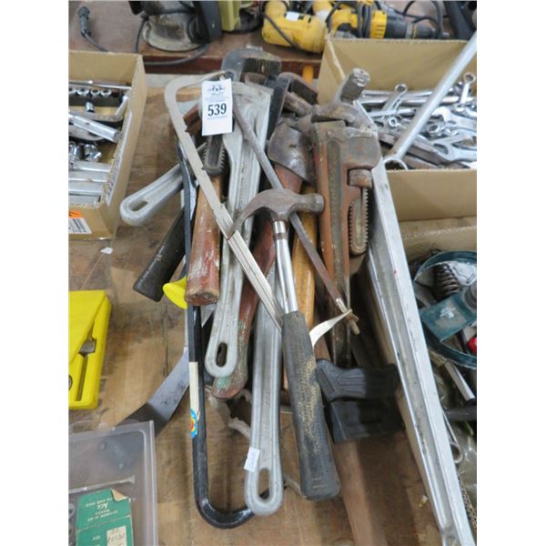 Large Lot of Pipe Wrenches, Pry Bars, Hammers & More