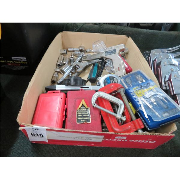 Lot of Sockets, Tape Measures, Drill Bits & Clamps