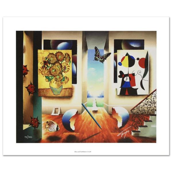 "Miro and Sunflowers" Limited Edition Giclee on Canvas by Ferjo, Numbered and Hand Signed by the Art