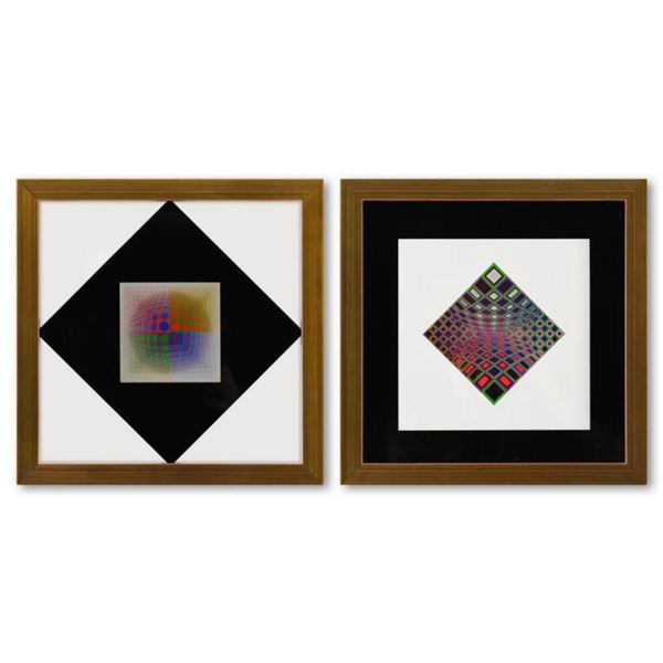 Victor Vasarely (1908-1997), "Ond - Kett et Vega - Pal de la série Vega (Diptych)" Framed 1971 Helio