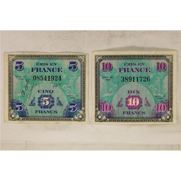 1944 FRANCE 5  & 10 FRANC MILITARY PAYMENT CERTS.