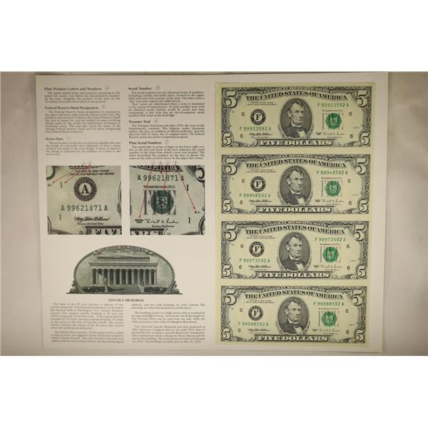 UNCUT SHEET OF 4-1995 $5 US FRN'S CRISP UNC IN