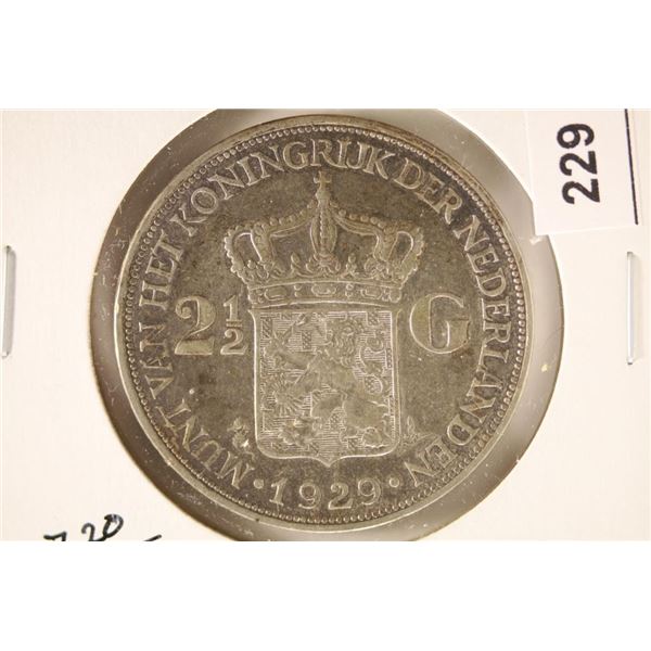 1929 NETHERLANDS SILVER 2 1/2 GULDEN .5787 OZ. ASW