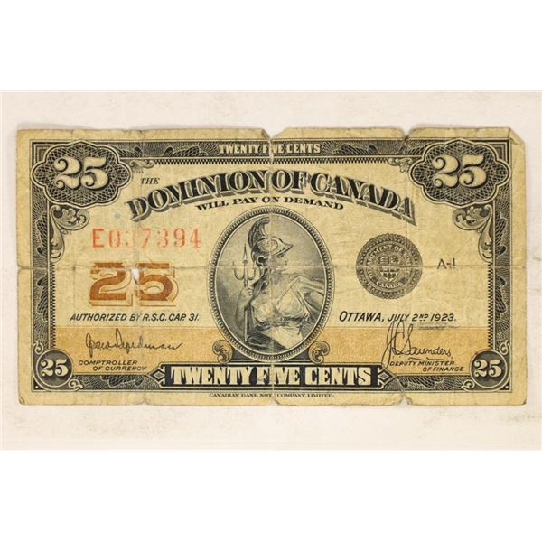 1923 DOMINION OF CANADA 25 CENT FRACTIONL BILL