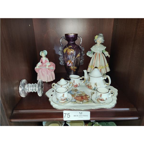 1 Royal Doulton Figurine, Miniature Peter Rabbit Beatrix Potter Tea Set & Blown Glass Vase