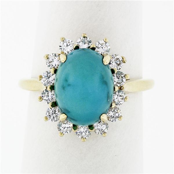 Vintage 18k Yellow Gold Oval Cabochon Turquoise Solitaire & Diamond Halo Ring