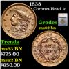 Image 1 : 1838 Coronet Head Large Cent 1c Graded ms62 bn By SEGS