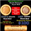 Image 1 : Mixed small cents 1c orig shotgun roll, 1919-d Wheat Cent, 1887 Indian Cent other end, brinks Wrappe