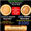 Image 1 : Mixed small cents 1c orig shotgun roll, 1918-s Wheat Cent, 1892 Indian Cent other end, brinks Wrappe