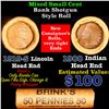 Image 1 : Mixed small cents 1c orig shotgun roll, 1919-s Wheat Cent, 1900 Indian Cent other end, brinks Wrappe