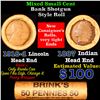 Image 1 : Mixed small cents 1c orig shotgun roll, 1918-d Wheat Cent, 1887 Indian Cent other end, brinks Wrappe