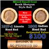 Image 1 : Mixed small cents 1c orig shotgun roll, 1917-d Wheat Cent, 1900 Indian Cent other end, Brinks Wrappe