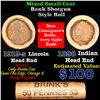 Image 1 : Mixed small cents 1c orig shotgun roll, 1919-s Wheat Cent, 1898 Indian Cent other end, brinks Wrappe