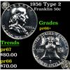 Image 1 : Proof 1956 Type 2 Franklin Half Dollar 50c Grades GEM++ Proof