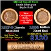 Image 1 : Mixed small cents 1c orig shotgun roll, 1917-d Wheat Cent, 1896 Indian Cent other end, Brinks Wrappe