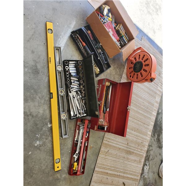 Large lot of tools with ext cord & levels