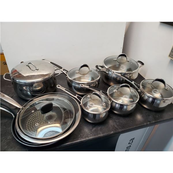 6 Logostina pots with lids & 3 non Stick Fry pans