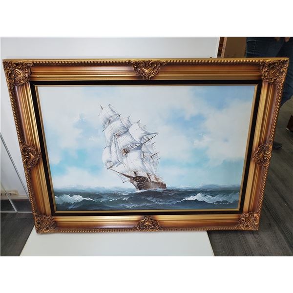 Large Oil Painting of Ship signed