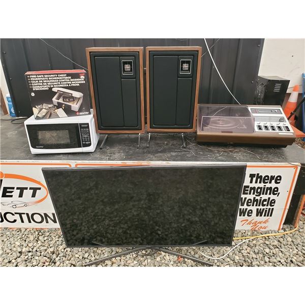Zenith Record Player with Speakers, Samsung 49' Flat Screen TV, Safe and More