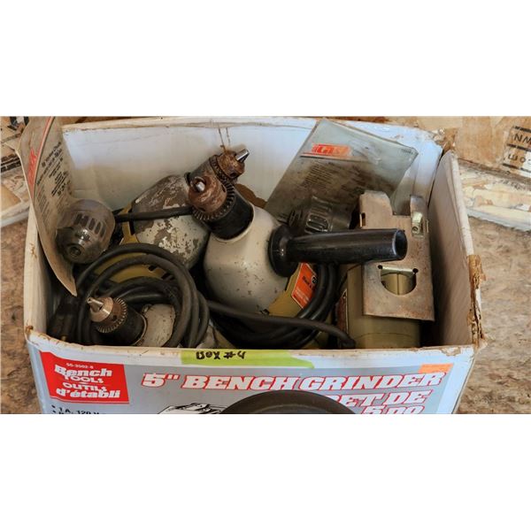Box of Assorted Drills, Electric Drill (Working), Parts Drill - Needs Work, Jigsaw (Working), and 3/