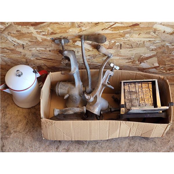 Antique Kitchen Items, 2 Meat Grinders, Toaster, Stove Iron and Coffee Pot