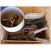 Image 1 : Box of Antique Tools, Wood Planer, Soldering Rod, Hedge Clippers, Hand Drill, etc.