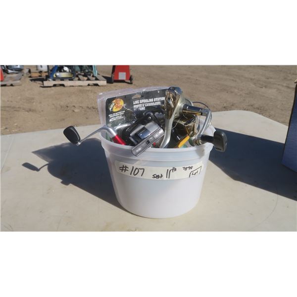 Fishing Lot, 2- open reels, one yellow Salmon reel, Spooling line station