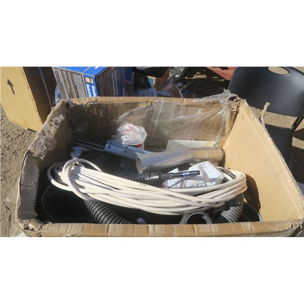 Box of misc. items, pipes, cable, vac hose, soldering iron