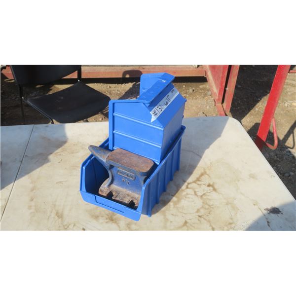 Misc. items, Mini bench #11 anvil, 2- blue bins, Powerfist hamburger press