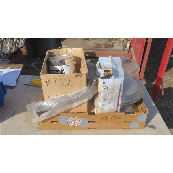 Box of misc. paint, 2- light fixtures