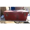 Image 1 : older red metal tool box with one broken latch, misc. items inside.