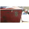 Image 2 : older red metal tool box with one broken latch, misc. items inside.